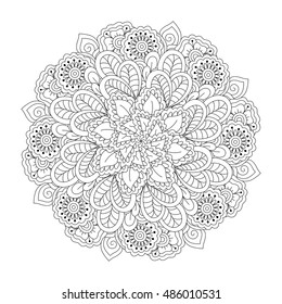 Round element for coloring book. Black and white floral pattern. Vector illustration.
