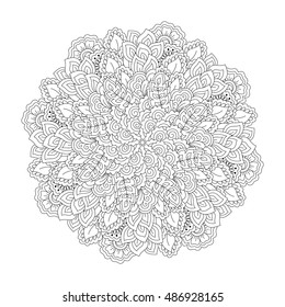 Round element for coloring book. Black and white floral pattern. Vector illustration.