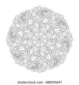Round element for coloring book. Black and white floral pattern. Vector illustration.