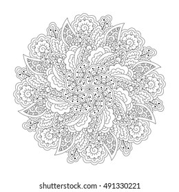 Round element for coloring book. Black and white floral pattern. Vector illustration.