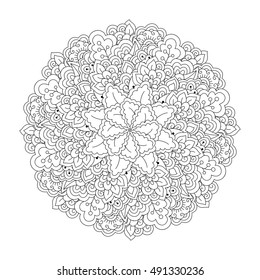 Round element for coloring book. Black and white floral pattern. Vector illustration.