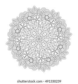 Round element for coloring book. Black and white floral pattern. Vector illustration.