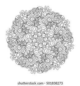 Elemento redondo para el libro de colorear. Motivo floral blanco y negro.