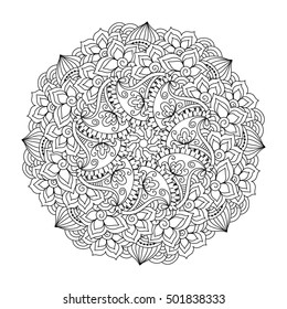 Round element for coloring book. Black and white floral pattern. 