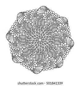 Round element for coloring book. Black and white floral pattern. Vector illustration.