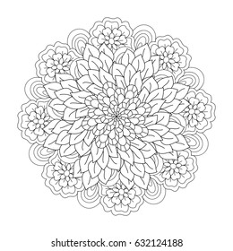 Round element for coloring book. Black and white floral pattern. Vector illustration
