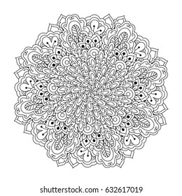 Round element for coloring book. Black and white floral pattern.
