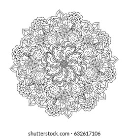 Round element for coloring book. Black and white floral pattern.