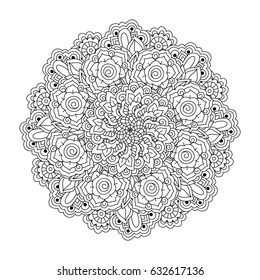 Round element for coloring book. Black and white floral pattern.