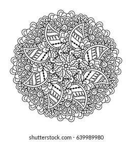 Round element for coloring book. Black and white floral pattern. Mandala.