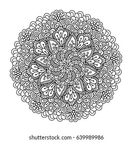 Round element for coloring book. Black and white floral pattern. Mandala.