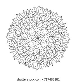 Round element for coloring book. Black and white floral pattern. Mandala.