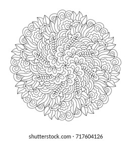 Round element for coloring book. Black and white floral pattern. Mandala.