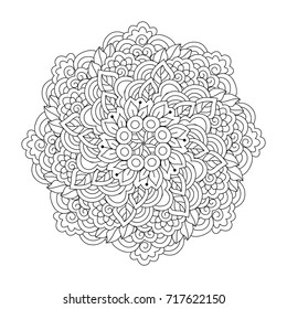 Round element for coloring book. Black and white floral pattern. Mandala.