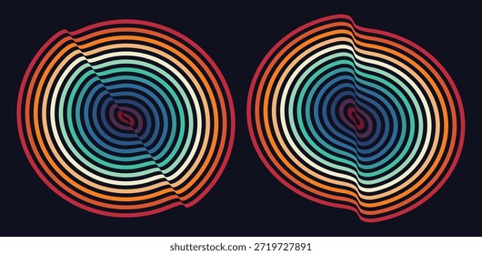 The round element is curved. Abstract melted liquid shape. Dynamic effect. Optic art. 3d vector for brochure, poster, cover, card, presentation, flyer or banner.