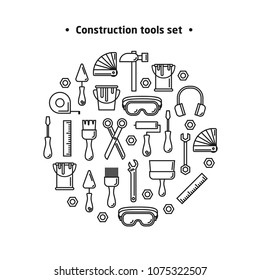 Round element of outline working tools for construction, building and home repair icons. Vector illustration. Elements for design. Hand work tools collection.