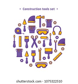 Round element of outline working tools for construction, building and home repair icons. Vector illustration. Elements for design. Hand work tools collection.
