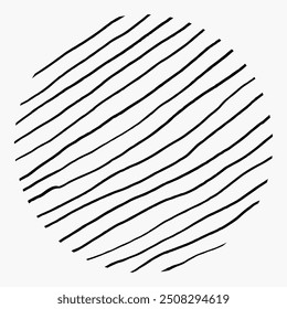 Round element with pencil hatching, doodle pattern on white background. Hand drawn circle, crosshatch, thin curved strokes, chaotic lines.