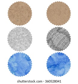 Round elements for design with different textures: kraft paper, ink and watercolor. Hand-drawn vector design elements.