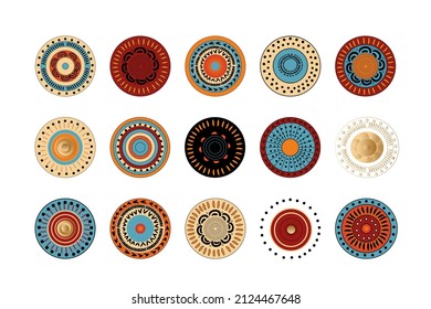 Round  Elements And Icons, Ornaments In Oriental Or African Style. Vector Colorful Illustration Set For Design. 