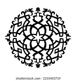 Round elements and motifs of the Kazakh, Kyrgyz, Uzbek, Turkic national Islamic ornament for an individual logo and print design. Black and white, isolated. stock illustration.