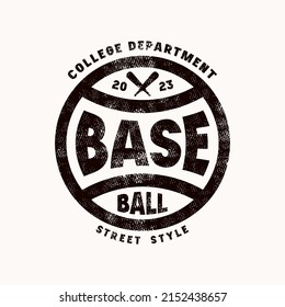 Round emblem of baseball team in college style. Graphic design for t-shirt. Black print with rough retro texture on white background