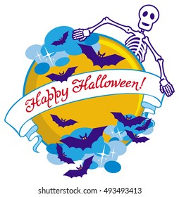 Round emblem with bats, skeleton, moon and banner with artistic written text:"Happy Halloween!". Original background for greeting cards, invitations, prints.Vector clip art.