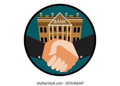 Round emblem with building of bank and businessman shaking hands in agreement. Bank deals, banking and services concept. Eps vector illustration, horizontal image, flat style graphic design.