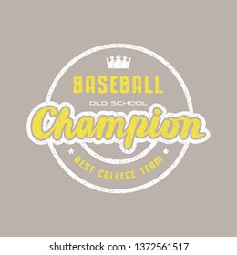 Round emblem of champions baseball team. Graphic design for sticker and t-shirt. Color print on brown background