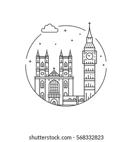 Round the emblem of the city of London drawn in a linear style, depicting a vector of the landmark of the capital of England.