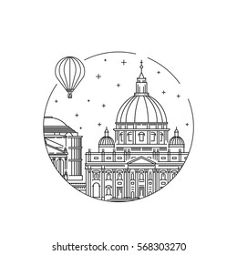 Round the emblem of the city of Rome drawn in a linear style, depicting a vector of the landmark of the capital of Italy.