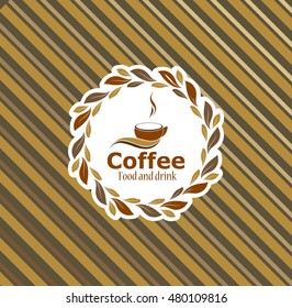 Round emblem coffee shop on striped background