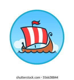 Round Emblem with Drakkar in Nordic Sea. Vector Symbol of Vikings Longboat for Travel Company.