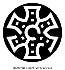 Round emblem featuring a minimalist steering wheel or maltese cross design with six spokes and small square elements, creating a modern and clean logotype