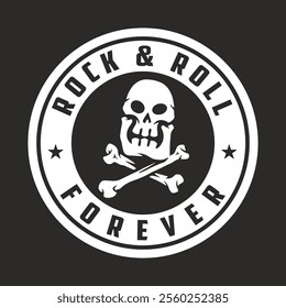 A round emblem featuring a skull with crossed bones and the phrase Rock and Roll Forever. The design is bold with a striking black and white color scheme.