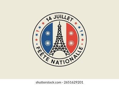 Emblema redondo com estrelas de fogos de artifício e ilustração da Torre Eiffel para emblema de celebração do Dia da Bastilha Francesa