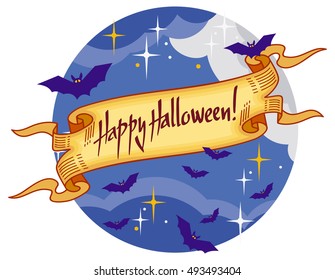 Round emblem with flying bats and banner with artistic written text:"Happy Halloween!". Original background for greeting cards, invitations, prints.Vector clip art.