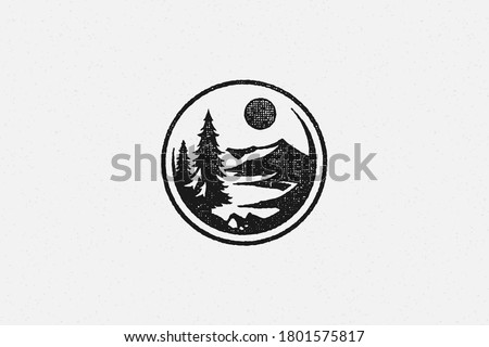 Round emblem with forest trees and mountain ridge silhouette of trekking hand drawn stamp effect vector illustration. Vintage grunge texture on old paper for poster or label decoration.