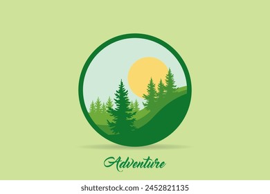 Round emblem with forest trees and mountains silhouette