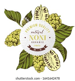 Round emblem with hand drawn noni branches. Superfood. Vector illustration in retro style