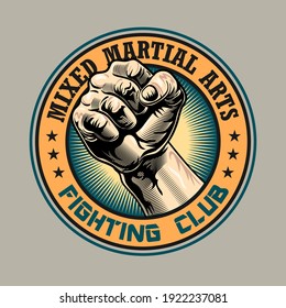 Round emblem with human fist vector illustration. Colorful retro label for fighting club. Sport activity or mixed martial arts concept can be used for retro template, banner or poster