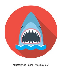 The round emblem of the icon is a shark with an open mouth. flat vector illustration with long shadow