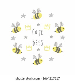 Round emblem with little bees, stars and the inscription. Ready to print isolated, vector illustration on a white background. For printing on children's clothing, for packaging honey. Logo for food.