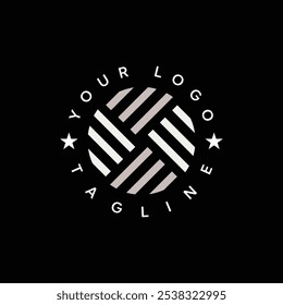 Un logotipo de emblema redondo en estilo abstracto hecho de cuatro segmentos de líneas en color blanco y gris sobre un fondo negro