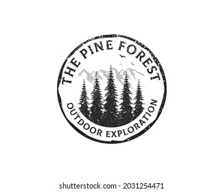 Round Emblem logo label of Rustic Retro Vintage Hemlock, Evergreen, Pines, Spruce, Cedar trees