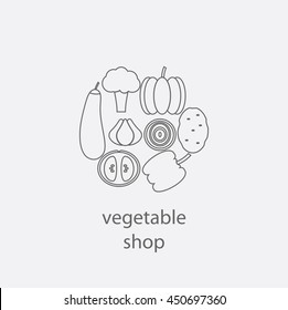 Round emblem or logo vegetable shop. Vegetables in the style of the line. Vector illustration.