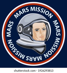 Round emblem Mission to Mars. Face in a serious astronaut's spacesuit - vector. Space exploration.