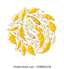 Round emblem with multi-colored feathers. Modern yellow card