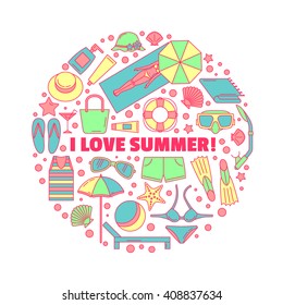 The round emblem on the theme of summer, sea and beach holiday. Beach accessories. Made in a linear style. Painted version.