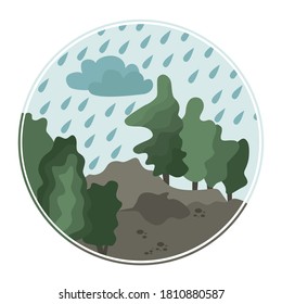 Round emblem on the theme of travel. Forest in the rain. Idea for a logo, sign, emblem, icon. Vector image isolated on white background.